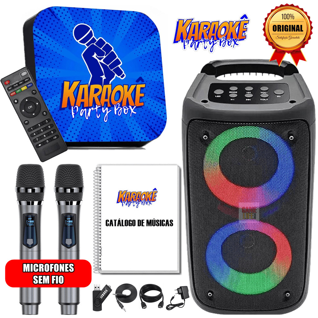 Karaoke Party Box +2 Microfones Sem Fio + Caixa de Som +De 2000 Musicas (Sistema Com Pontuação) AZUL