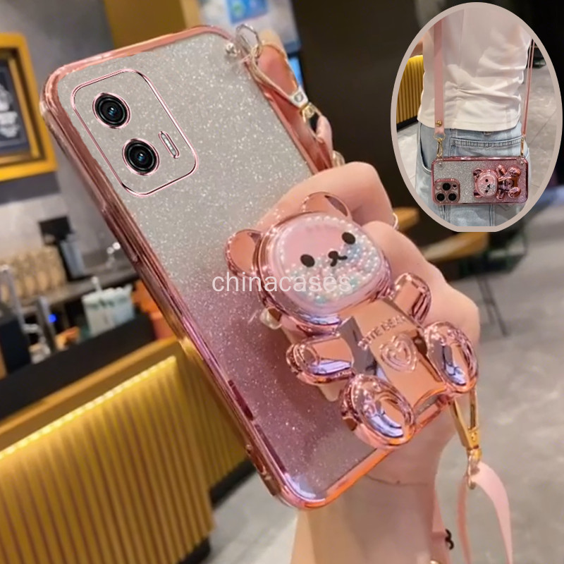 Carcaça Motorola Moto G73 E20 E7 POWER Plus G8 Bear Cute Stand Crossbody Hanging Rope Phone Case