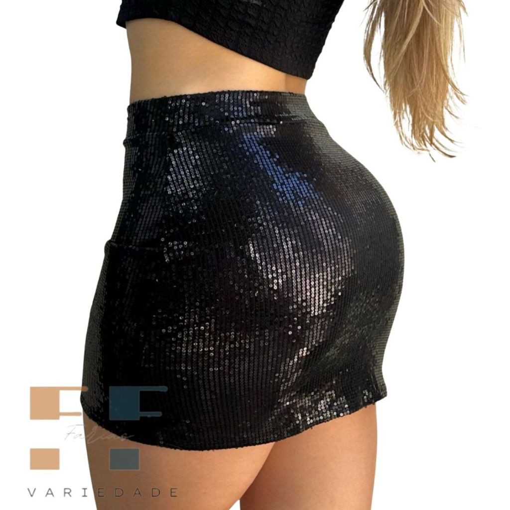 Saia de Festa Paetê Moda Balada Cintura Alta Brilhante Tubinho