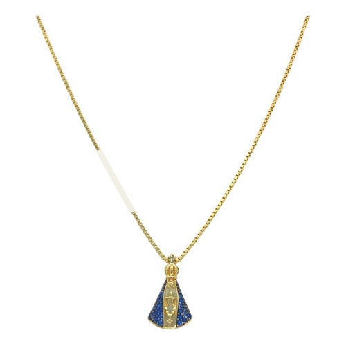 Colar Folheado a Ouro Nossa Senhora Aparecida Zirconia Azul - 45cm + Extensor