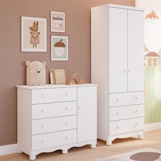 Quarto de Bebê Completo Guarda Roupa 2 Portas Cômoda 1 Porta 4 Gavetas 100% MDF Junior em Oferta na Shopee
