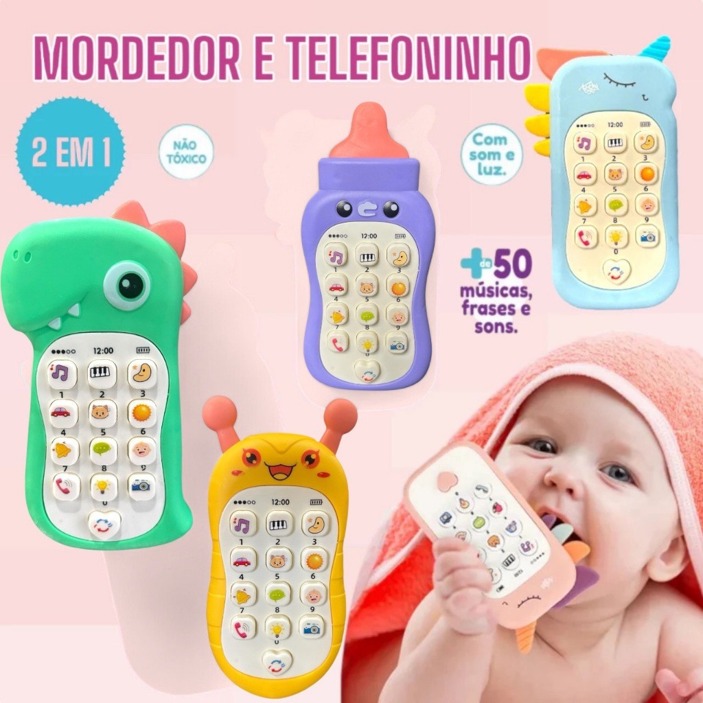 Mordedor e Telefone Celular Infantil Educativo Musical 2 em 1 brinquedo infantil para bebê