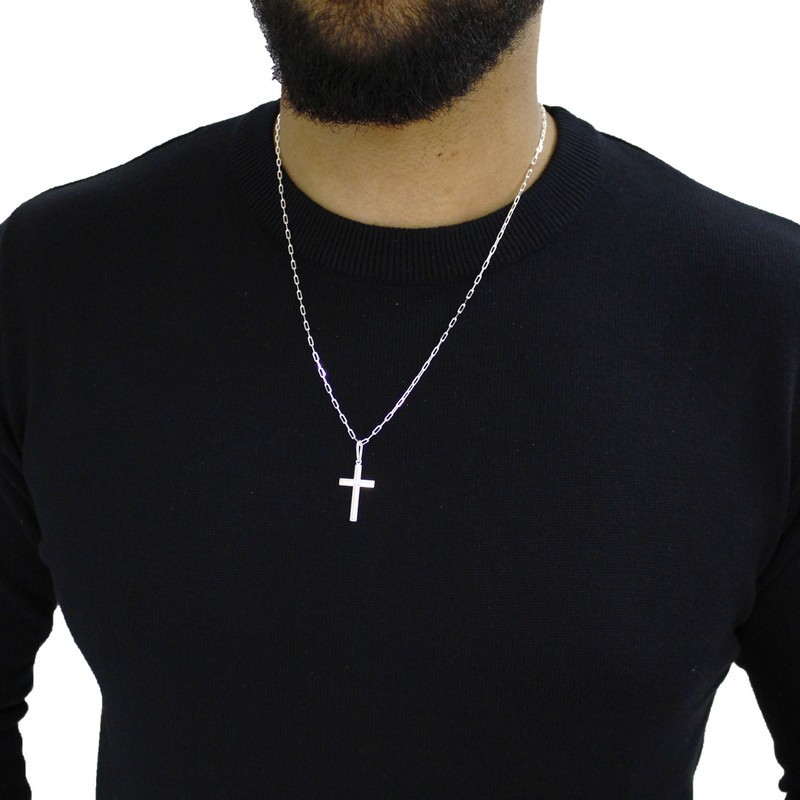 Corrente de prata 925 Masculina malha cartie clássica 60cm pingente cruz lisa quinada · foto 2