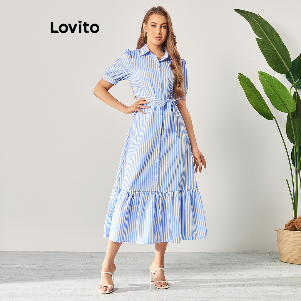 (Trendy) Lovito Vestido Casual Listrado com Babado e Cinto para Mulheres LBL06058 (Multicolorido) - Women Clothes