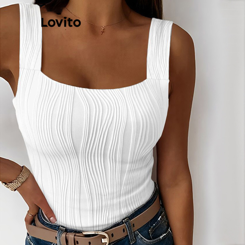 Lovito Regata Casual Lisa Em Jacquard Para Mulheres LNL36058  (Branco/Preto) - Women Clothes