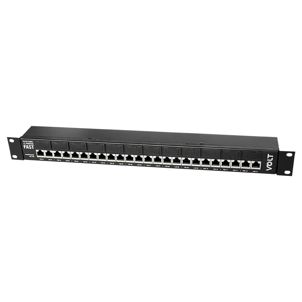 PATCH PANEL POE ALIMENTAÇÃO ATÉ 48V - 12 P. RJ BLINDADO  90º