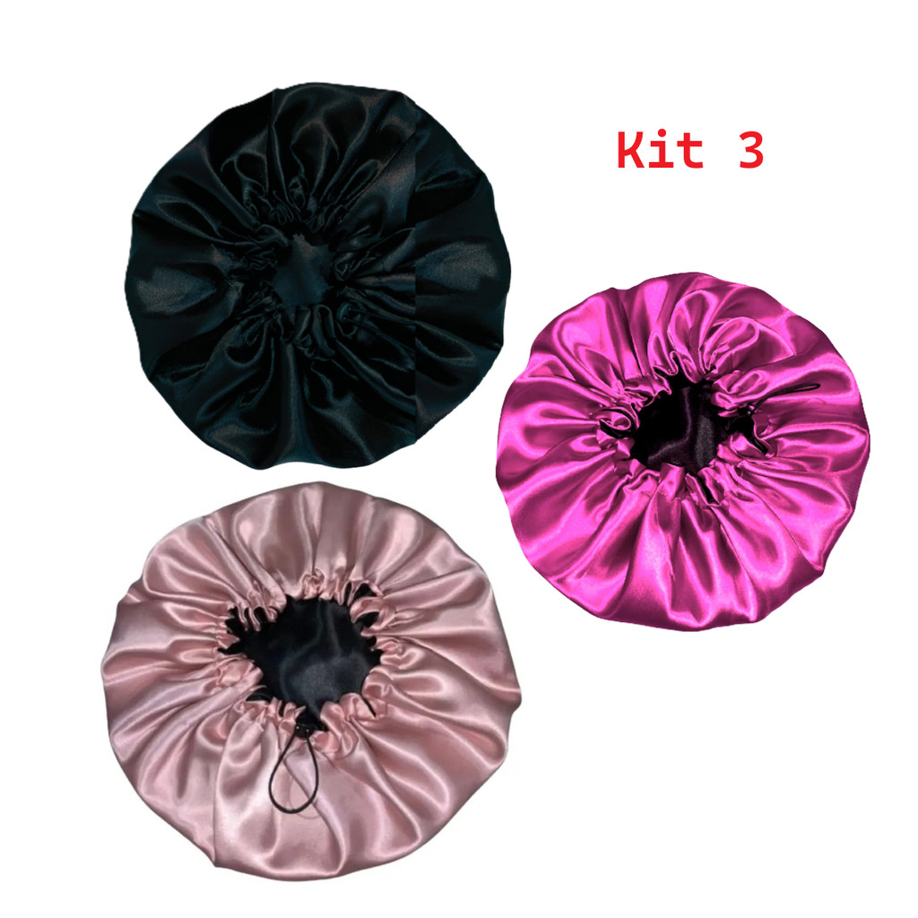 Kit 3 Touca de Cetim Dupla Anti Frizz Com Elástico Regulador Rosa e Pink e Black