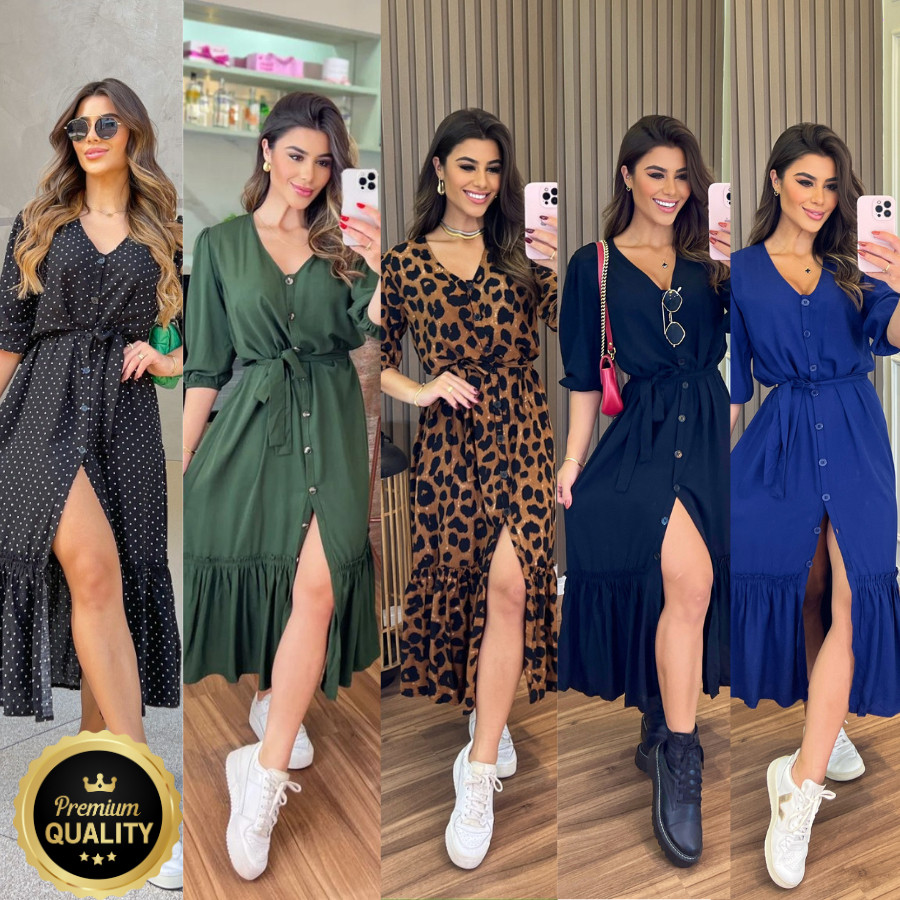 Vestido Midi Feminina Viscolinho Botoes Estilosa Manga Elastico Estampada Linha Premium Chemise elegante evangélico Nova