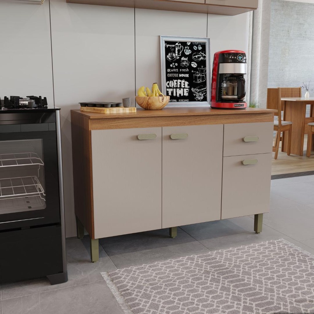 Balcão Modulado Para Cozinha Com Tampo Fidelitá Mariana 120cm 3 Portas 1 Gaveta Freijó/Camurça em Oferta na Shopee