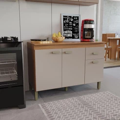 Balcão Modulado Para Cozinha Com Tampo Fidelitá Mariana 120cm 3 Portas 1 Gaveta Freijó/Camurça