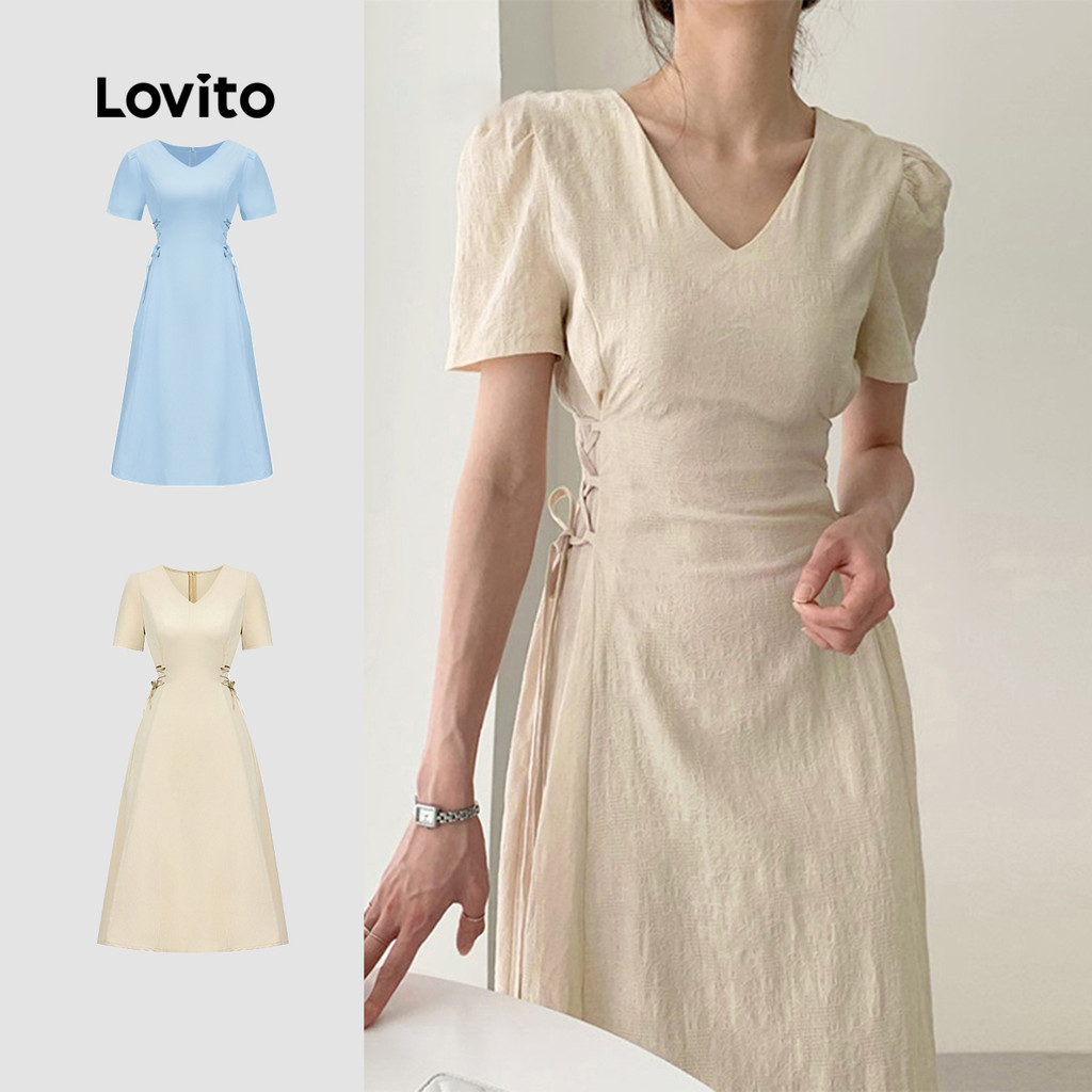 (Hot) Lovito Vestido Elegante Vestido Liso Com Cadarço Para Mulheres L74ED175 (Multicolorido) em Oferta na Shopee