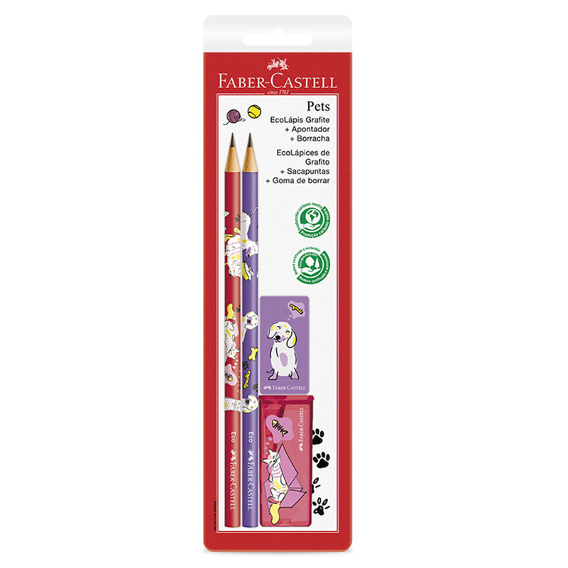 Lápis preto Pets Rosa e Roxo SM/935PETRR com 2 lápis 1 borracha e 1 apontador Faber-Castell - Stationery