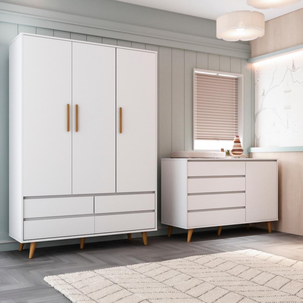 Quarto de Bebê Retrô Gran Lorena Cômoda com Porta + Guarda-Roupa 3 Portas Branco Carolina Baby em Oferta na Shopee