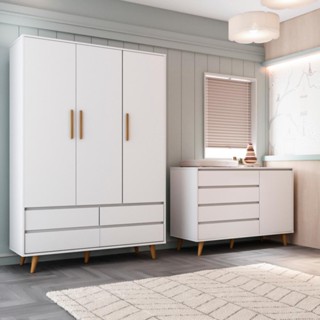 Quarto de Bebê Retrô Gran Lorena Cômoda com Porta + Guarda-Roupa 3 Portas Branco Carolina Baby em Oferta na Shopee
