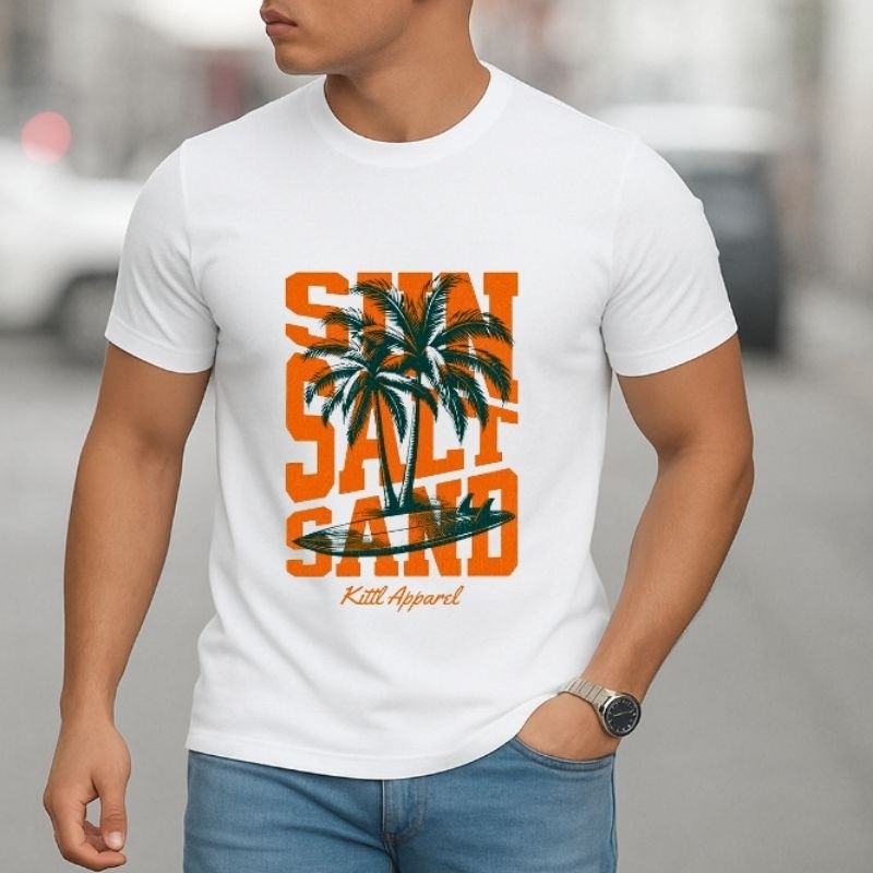 Camisa Masculina Algodão Estampa Praia Surf Sun Salt Sand Verão Palmeira Camisa Casual Camiseta Estilo Tropical