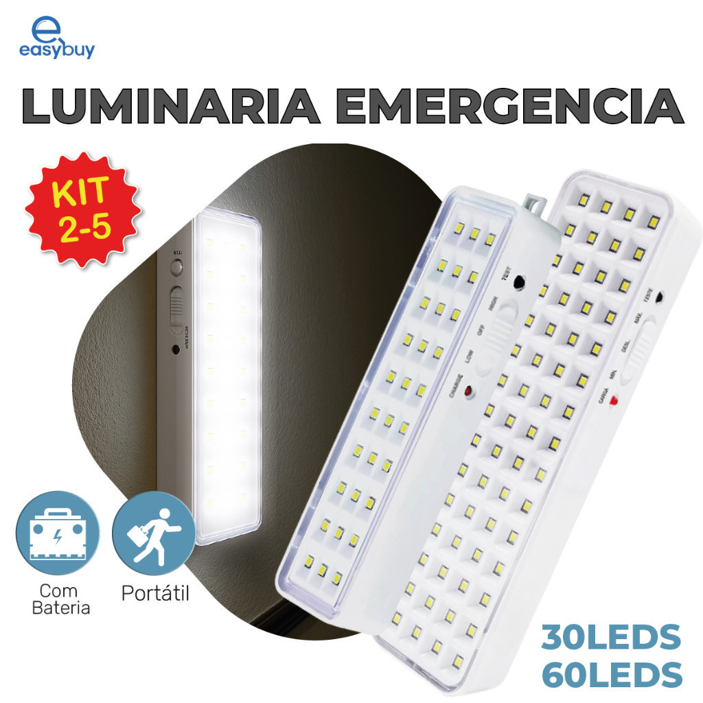 Kit 5 Luminária Emergência Lâmpada 30 ou 60 Leds Recarregável Bivolt Luz Branca Fria