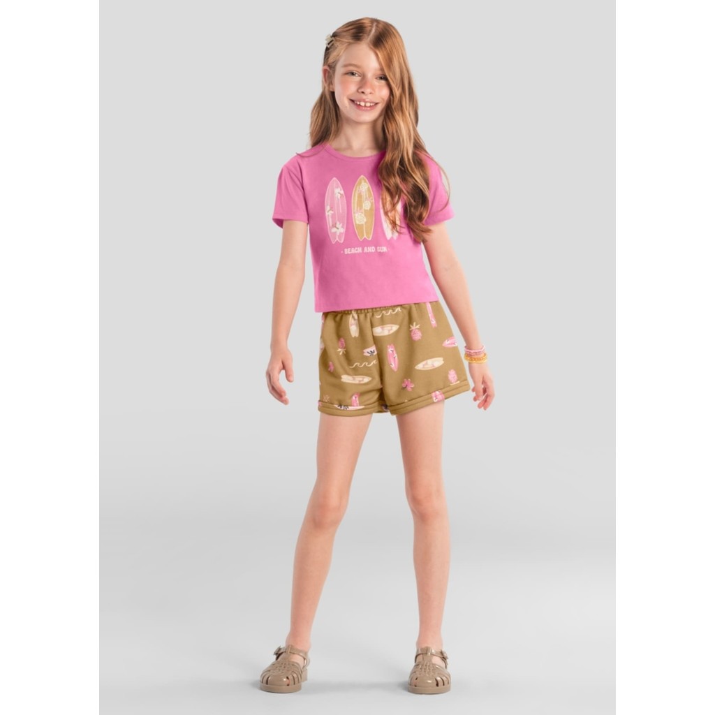 Conjunto Infantil Menina Brandili com Shorts Marrom e Blusa Rosa Tropical