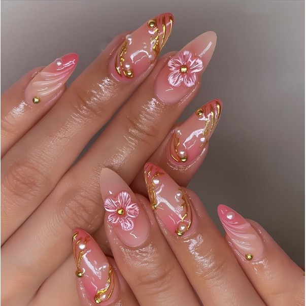 unha postiça decorada realista amendoada Com Pérolas  Cola 3D Flor Unhas Falsas Postiças nails unhas decoradas em Oferta na Shopee