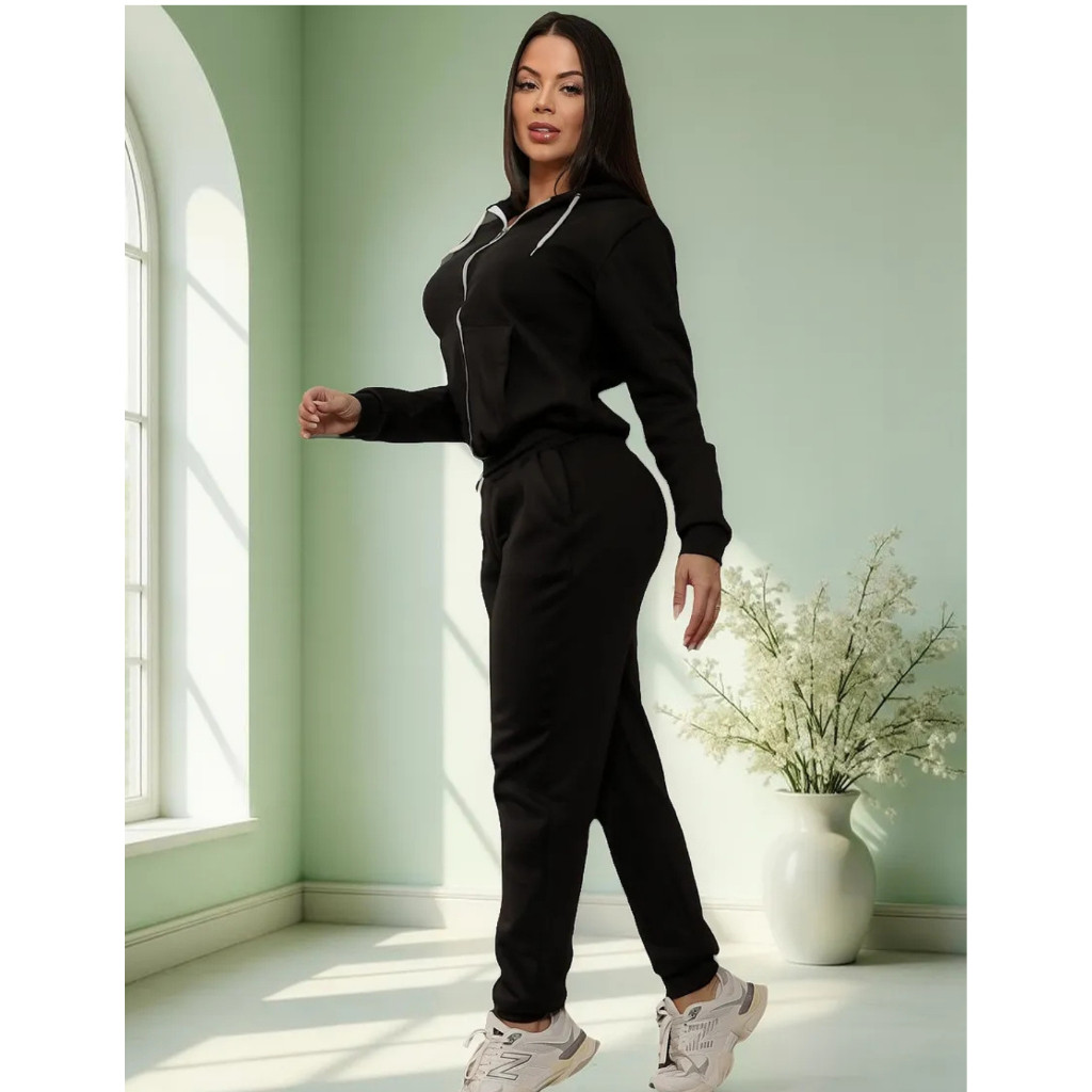Conjunto de moletom feminino barato Grosso quente Blusa Com Zíper e Touca Calça de moleton Flanelada