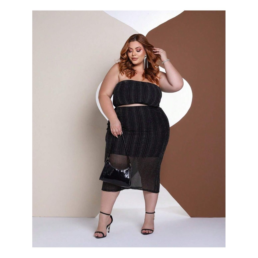 CONJ PLUS SIZE TULE LUREX / TOP TOMARA QUE CAIA + SAIA MIDI COM FORRO TULE LUREX / PLUS SIZE LUXO