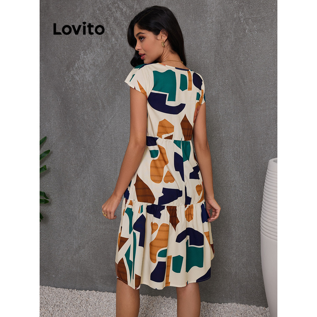 (Trendy) Lovito Vestido Casual Com Bainha Geométrica Com Babados Para Mulheres LBL16106 (Multicolorido) - Women Clothes