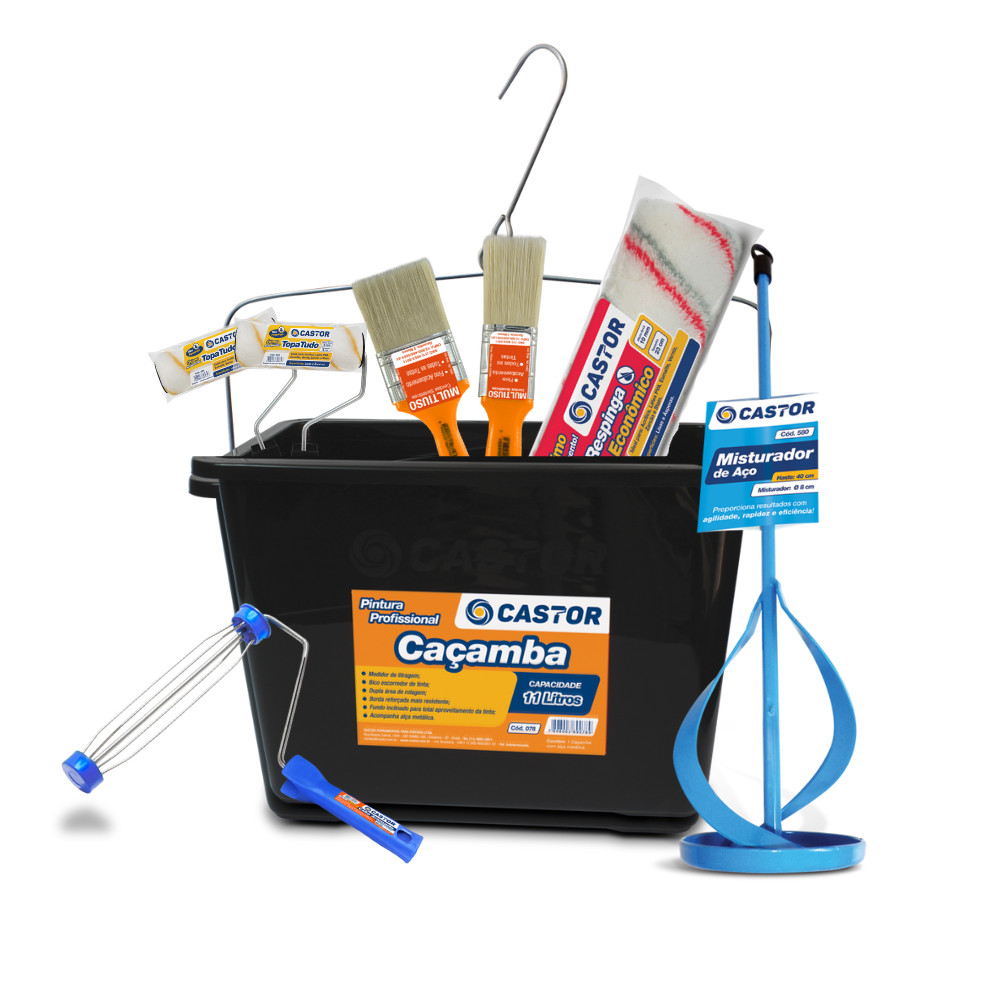 Kit 2 Rolo 9cm + 1 Rolo Não Respinga + 1 Cabo + 1 Balde/Caçamba + 2 Trinchas 1" e 2" + 1 Misturador - Castor em Oferta na Shopee