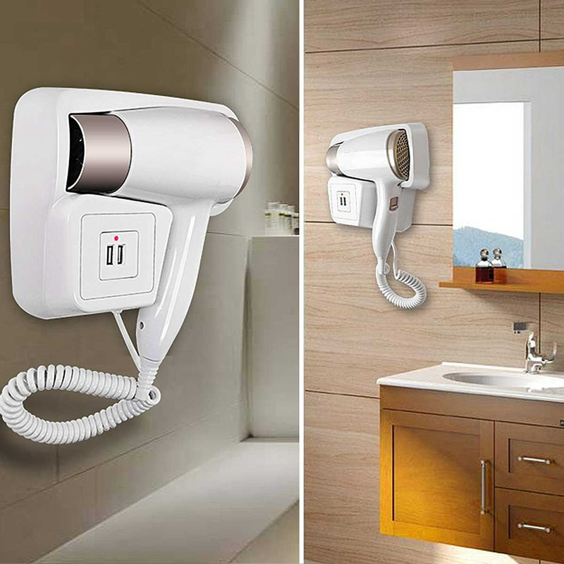 Secador De Cabelo Banheiro Hotel 1200W Profissional de Parede 110v/220 Multifuncional com Portas USB