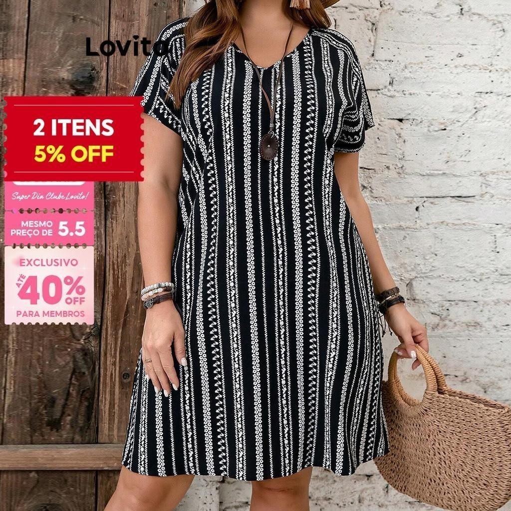 (Trendy) Lovito Vestido Curvo Plus Size Boho Tribal Print Vestido Plissado Para Mulheres LBL18338 em Oferta na Shopee