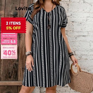 (Trendy) Lovito Vestido Curvo Plus Size Boho Tribal Print Vestido Plissado Para Mulheres LBL18338 em Oferta na Shopee