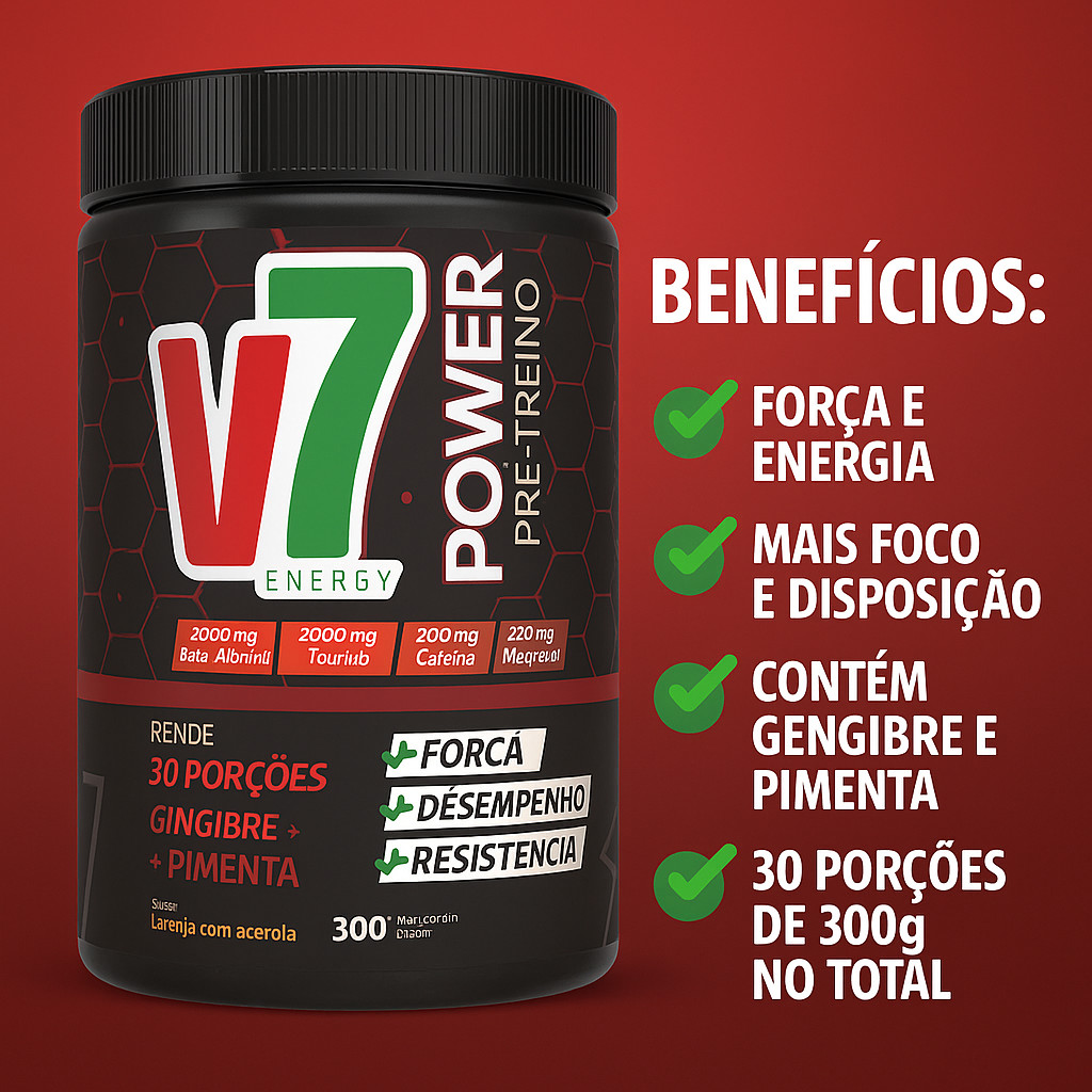 Detalhes do Pré Treino V7 Power 300g Laranja com Acelora