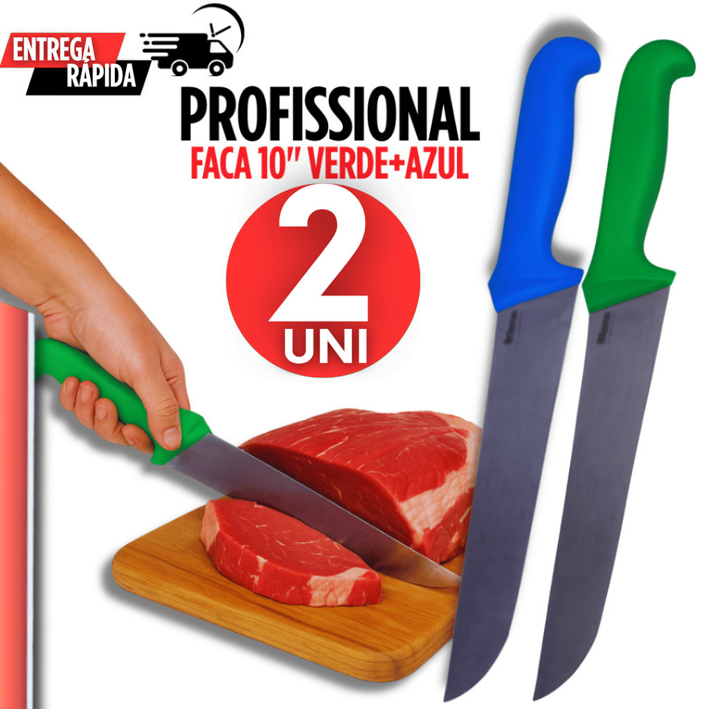 02 Faca Profissional 10" Carne Açougue Churrasco  Corneta Premium Cor Azul e Verde Linha Premium