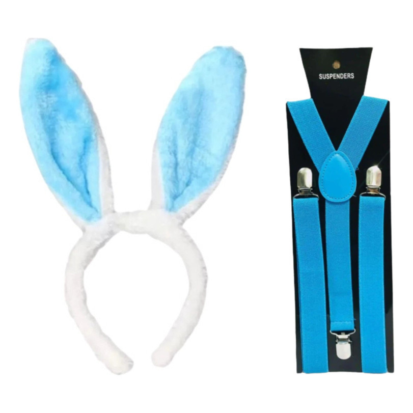 2 Kit: Tiara De Coelho Azul E Suspensório Azul Para Meninos