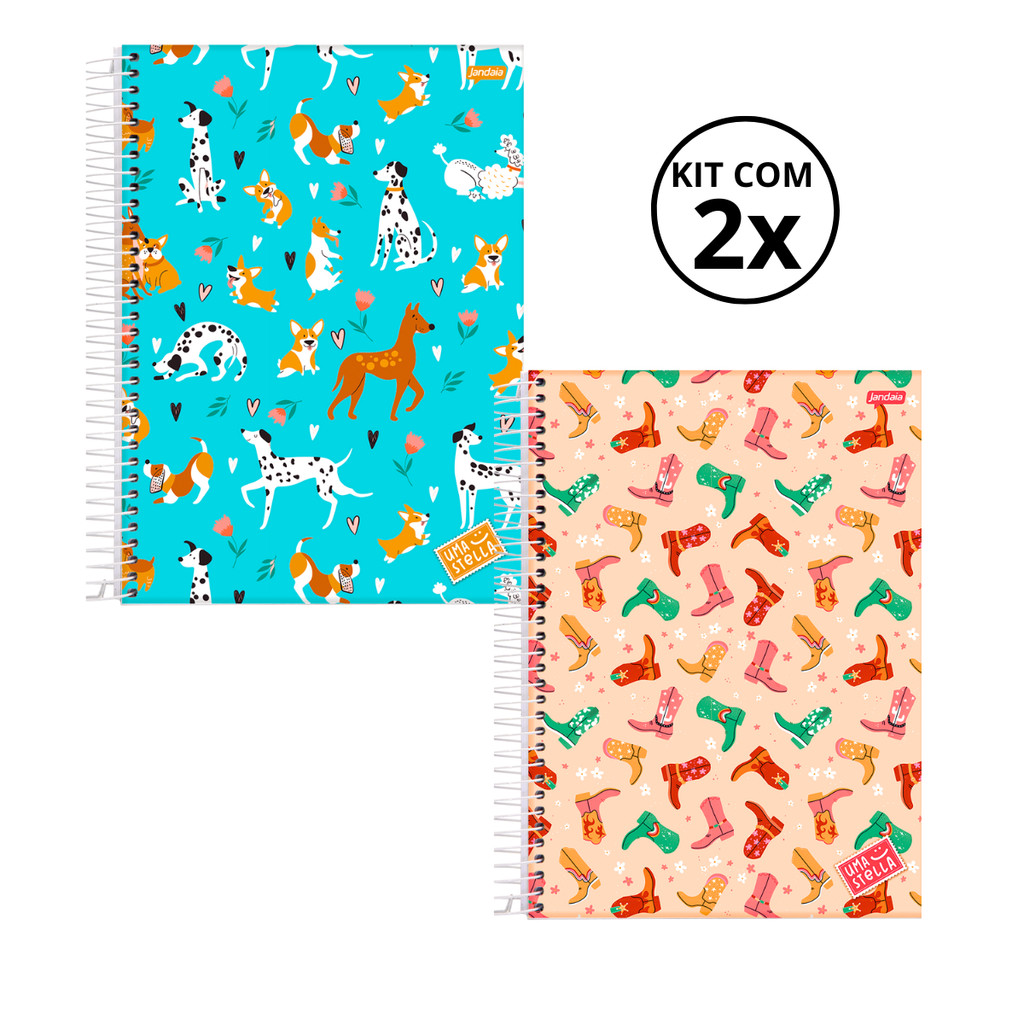 Kit 02 Cadernos Universitário 10 Matérias 160 Folhas Stella - Jandaia CAPA:Cachorro/Bota em Oferta na Shopee