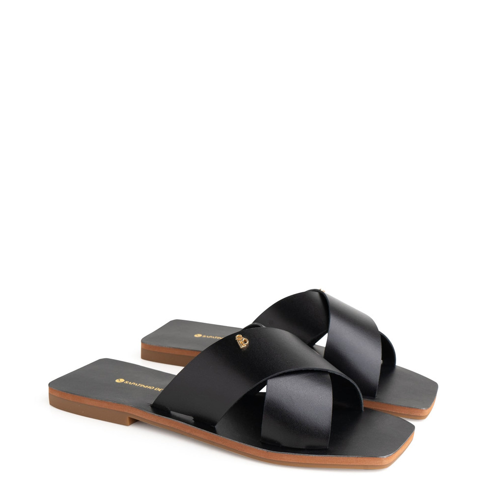 Rasteira Couro Preto Tira Cruzada e Bico Quadrado AMBAR_1 - Women Shoes