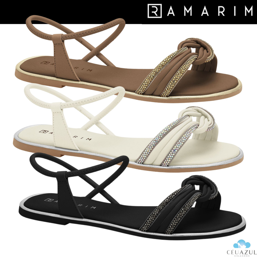 Sandália Rasteira Feminina Ramarim Strass Detalhe Nó