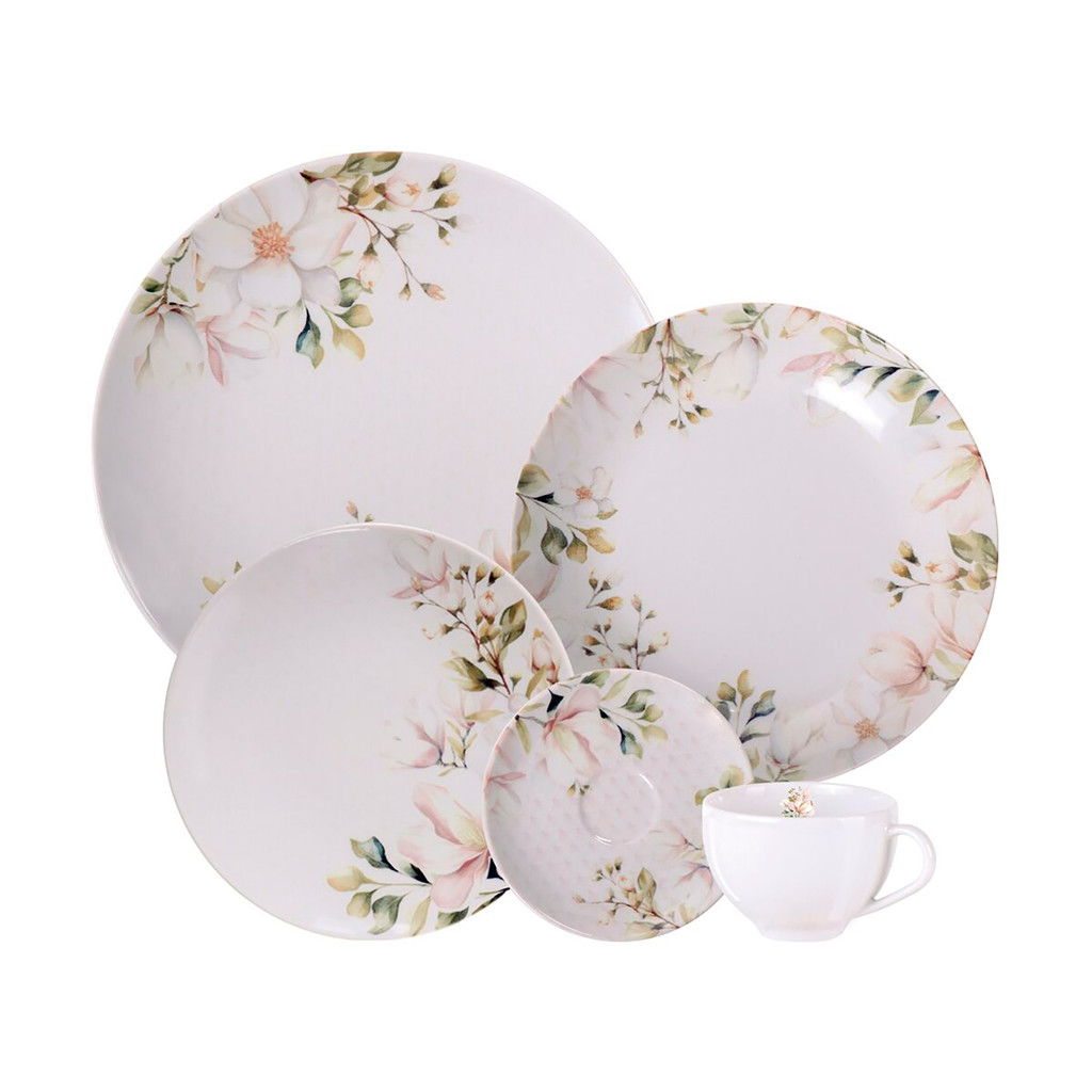 Aparelho Jantar 20 Peças Magnólia Porcelana Decorada Flores Rosé Bege Ideal Refeições Tramontina em Oferta na Shopee