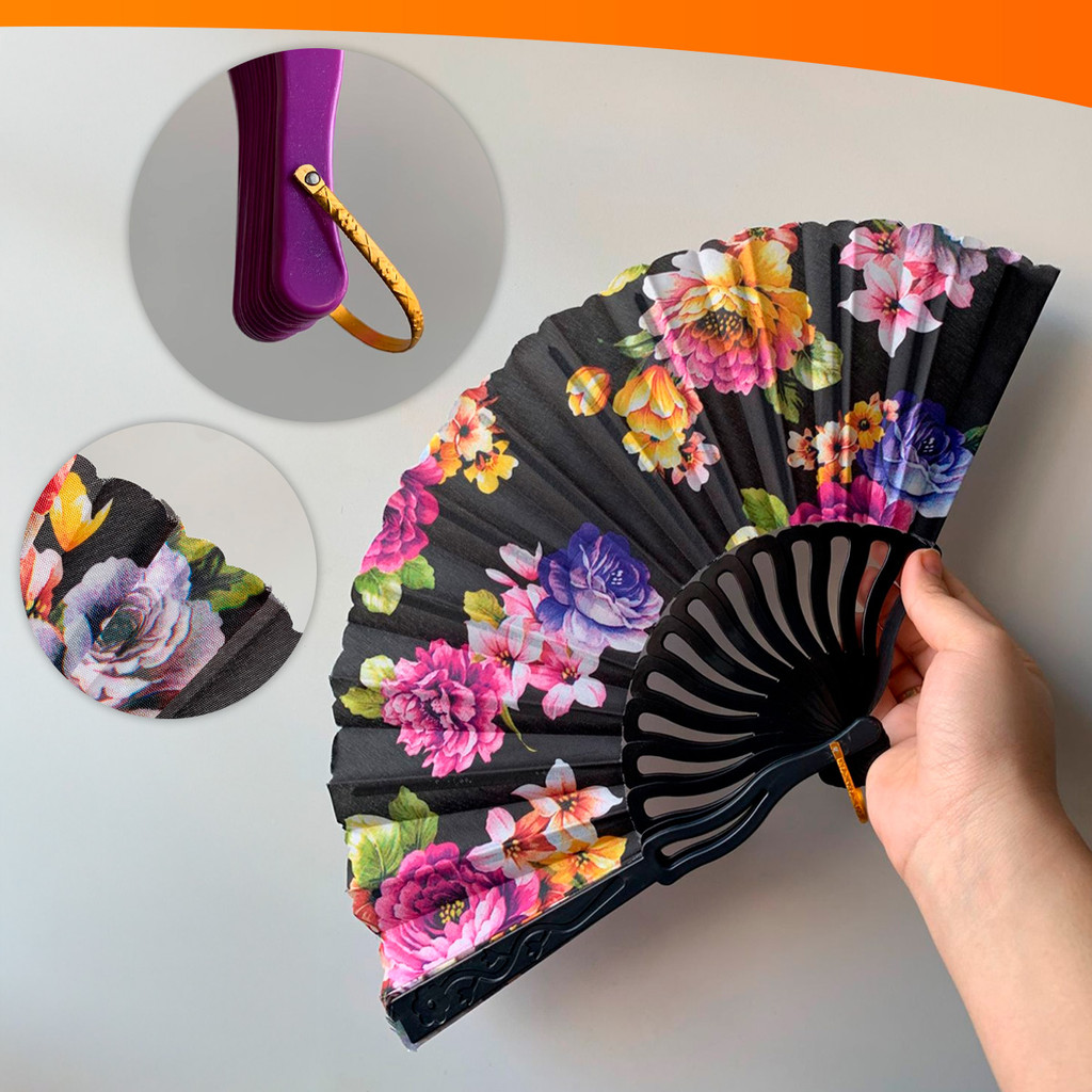 Leque Floral de Plastico Varias Estampas E Cores - 42x23cm