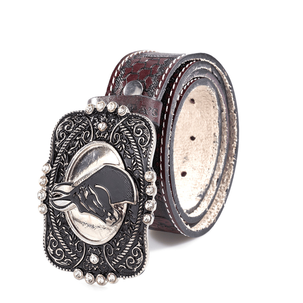 Cinto Country Feminino Masculino Fivela Grande Mula Entalhado Pintado Á Mão Com Strass
