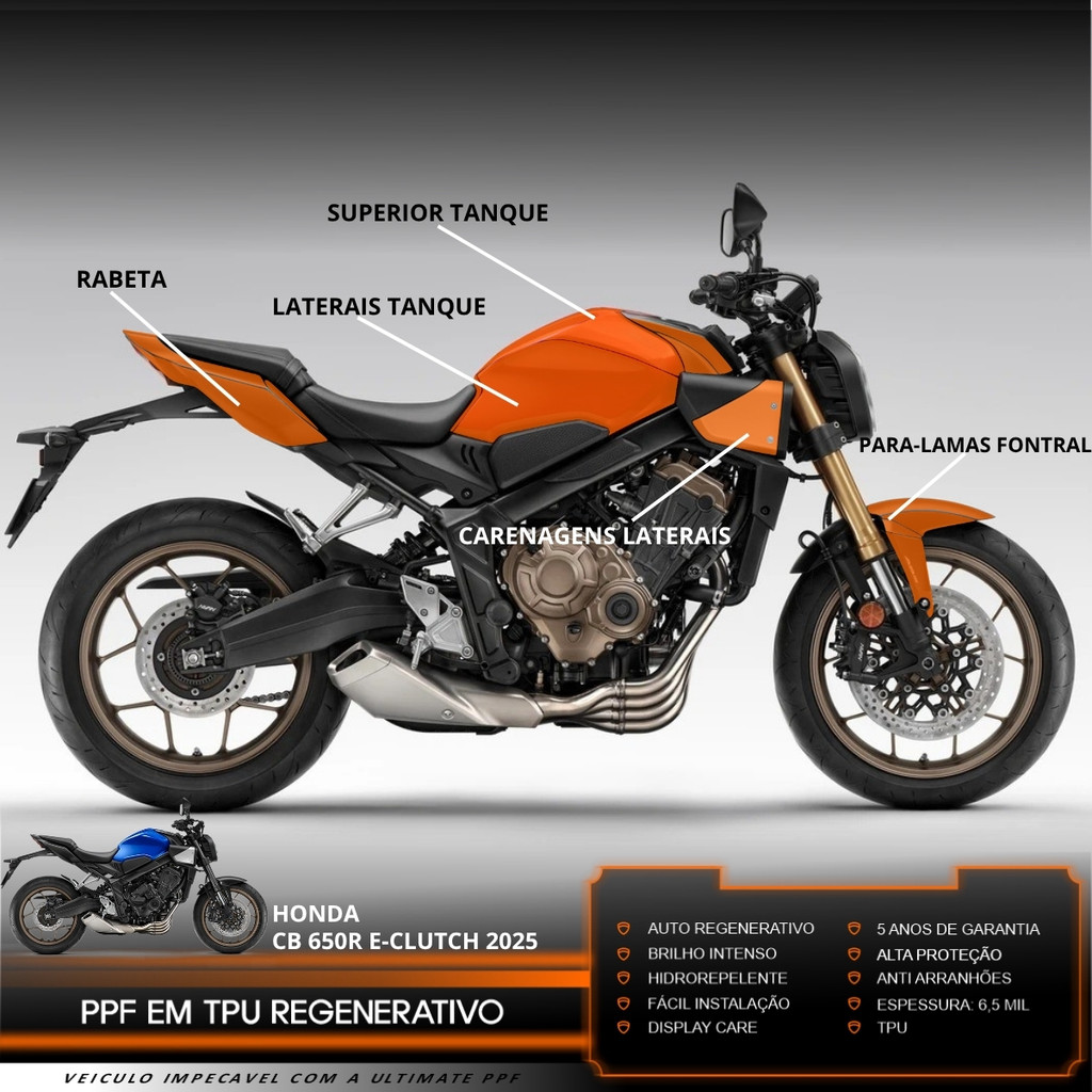 Película PPF Proteção Kit Full Moto Honda CB 650R E-Clutch 2025 Transparente TPU Anti Risco