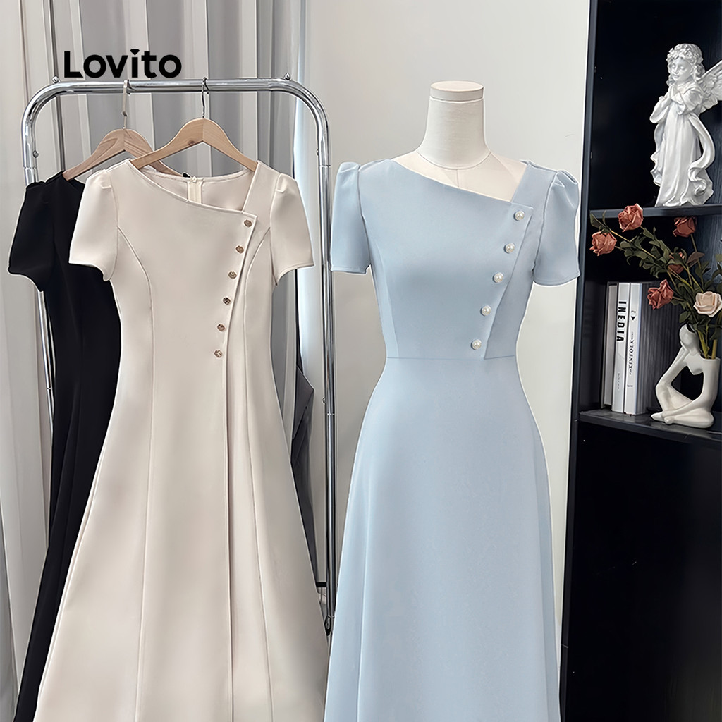 Detalhes do Lovito Vestido Elegante Assimétrico com Botões  Vestido Azul de Primavera/verão para mulheres L142ED925