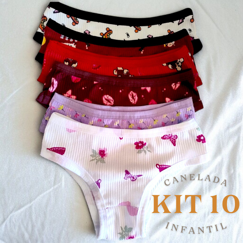 Kit 10 Calcinha Infantil Menina Moça Canelada Algodão Estampada Confortável 4 a 10 Anos