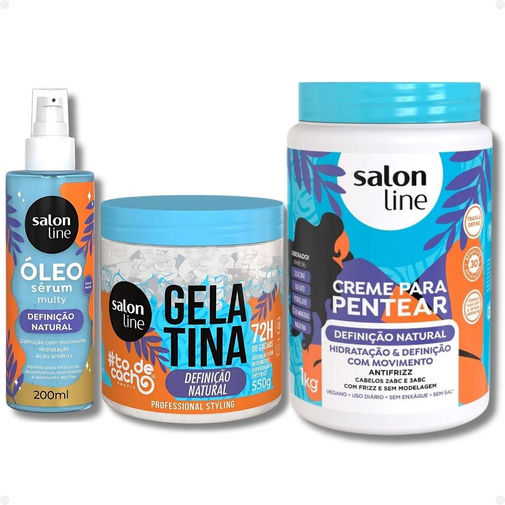 Kit Salon Line #todecacho Definição Natural: Gelatina 550g, Óleo Sérum Multy 200ml e Creme para Pentear 1kg