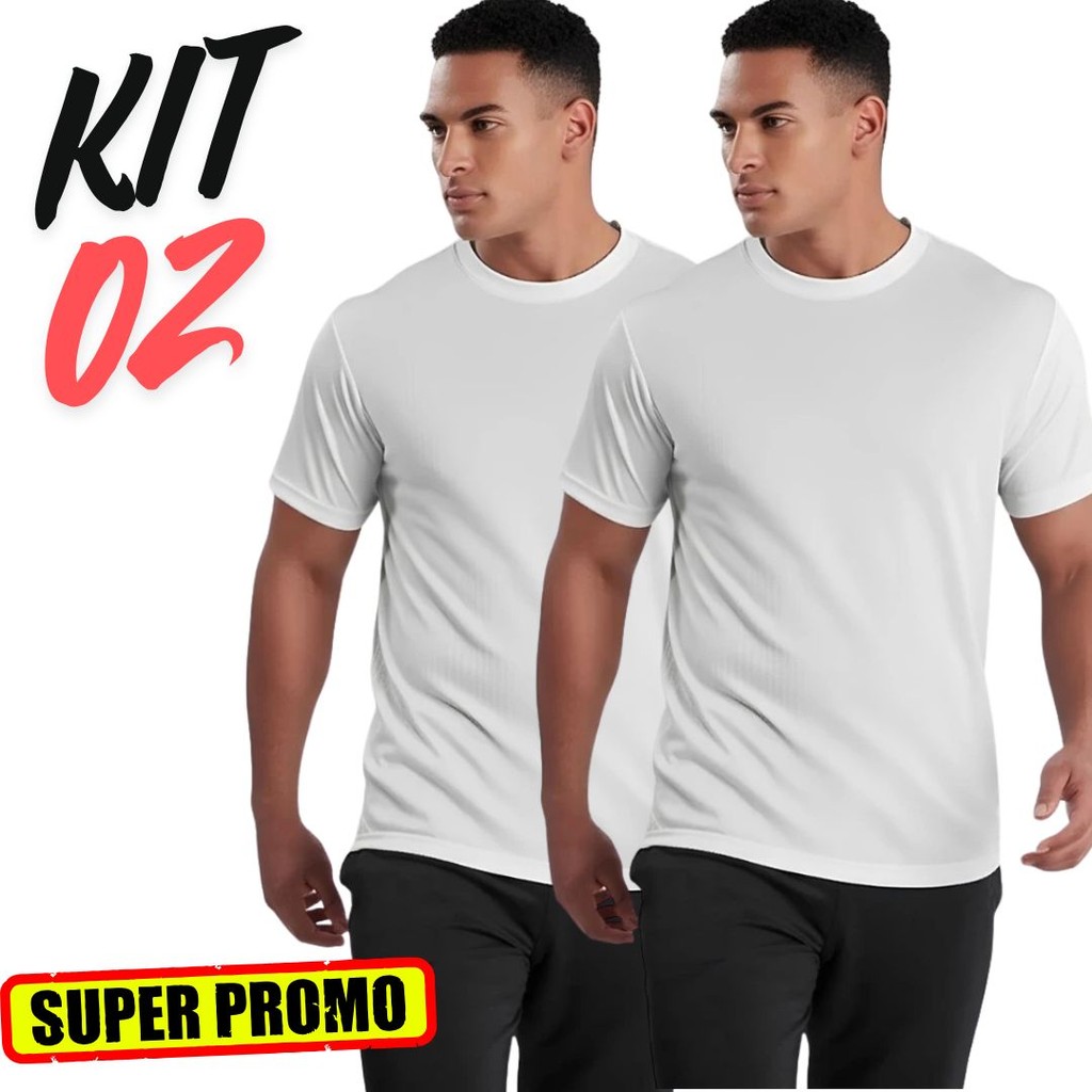 KIT 2 Camiseta Básica Masculina Lisa Poliéster Elastano Brancas Oferta em Oferta na Shopee