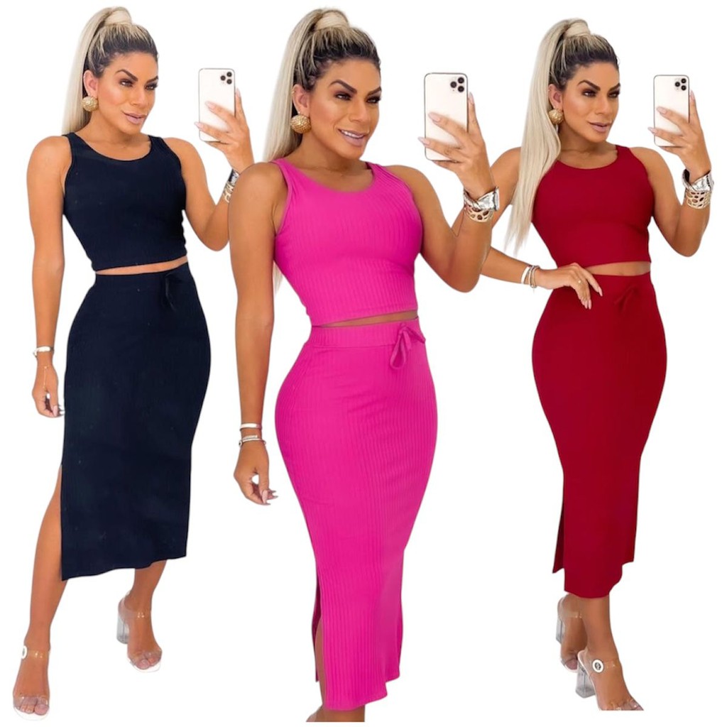 Conjunto Feminino Saia Midi e Cropped Anarruga fenda Lateral Zero Transparência Moda Gringa em Oferta na Shopee