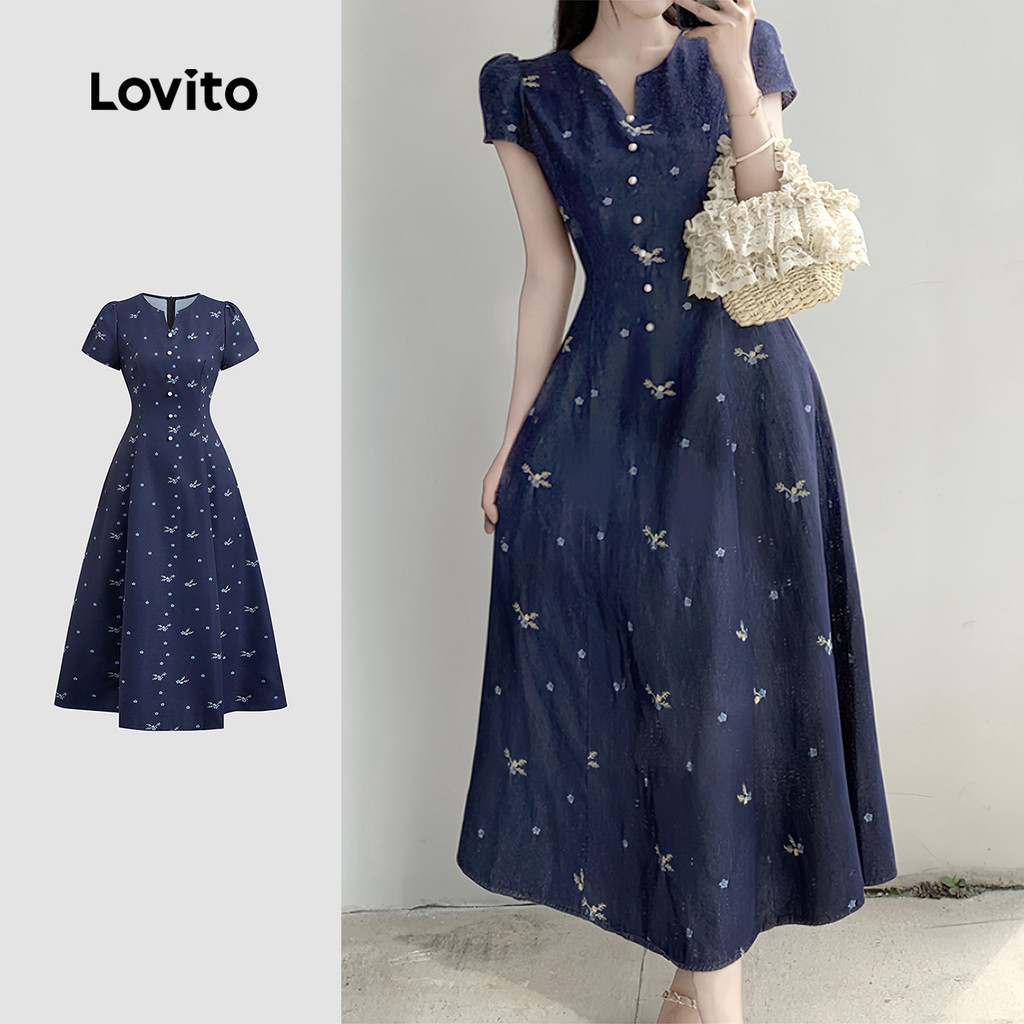 (New) Lovito Vestido Elegante Primavera/verão Vestido Azul-marinho para Mulheres L150AD898 em Oferta na Shopee