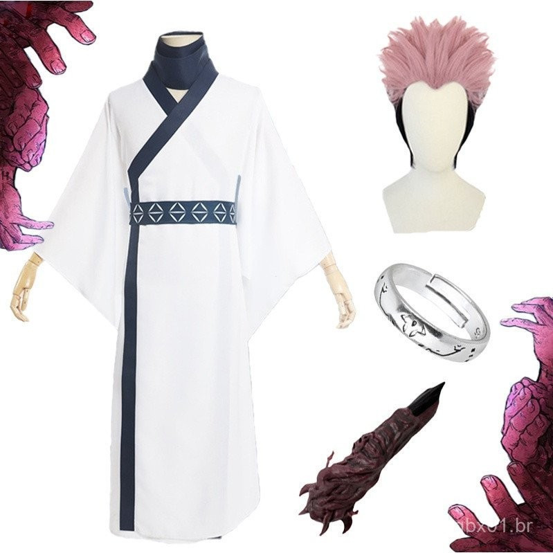 Peruca de Cosplay Anime Jujutsu Kaisen Ryomen Sukuna para Homens e Mulheres Adultos, Anel de Dedo, Kimono, Uniforme Hanf