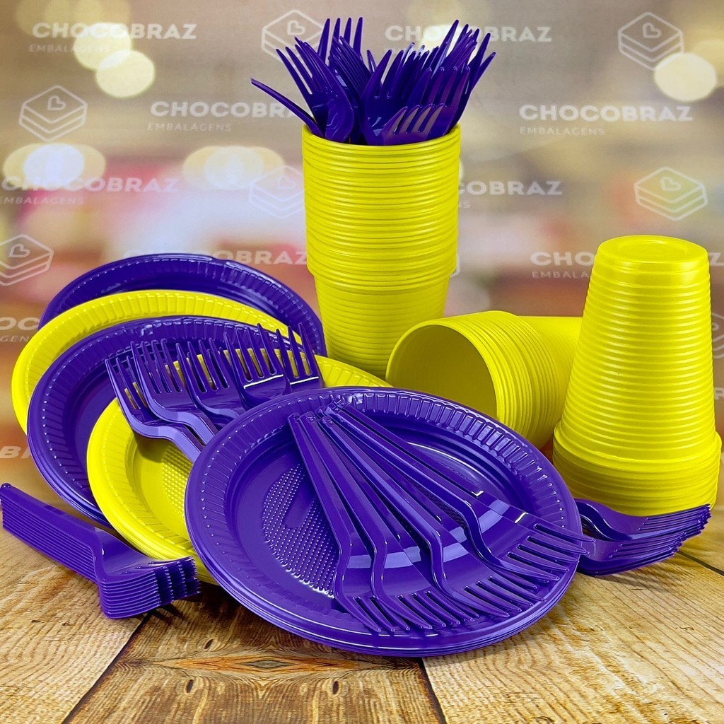 Kit Festa 50 PESSOAS DESCARTAVEIS ROXO E AMARELO GARFO + PRATO + COPO