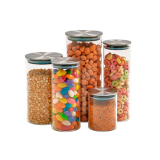Kit 5 potes de vidro com tampa inox hermético redondo mantimento - Tud
