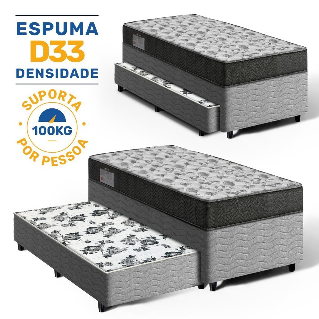 Cama Box Bicama com Colchão de Espuma D33 Ortobom ISO 100 + Auxiliar de Molas Unique Solteiro 88cm - Home & Living