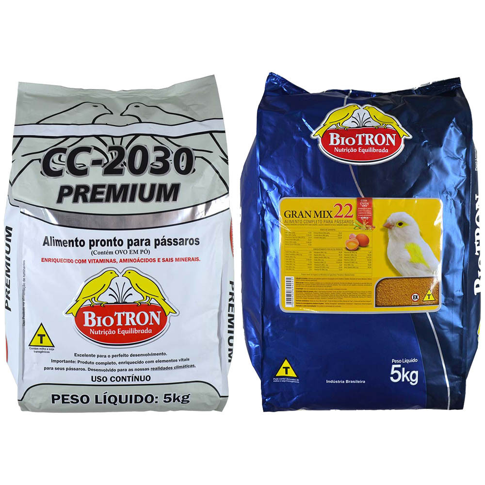 Kit 1 Cc2030 Premium Farinhada 5kg + 1 Gran Mix 22 Extrusada com Ovo 5kg Biotron Comida para Canário